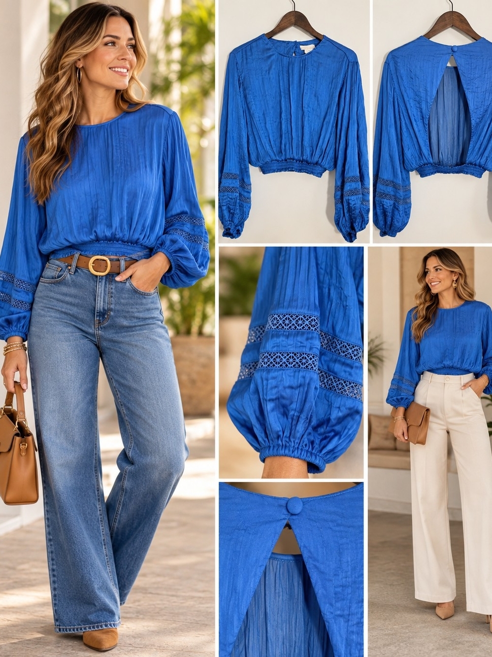 House of Harlow 1960 Cobalt Blue Lace-Trim Balloon Sleeve Blouse, Small